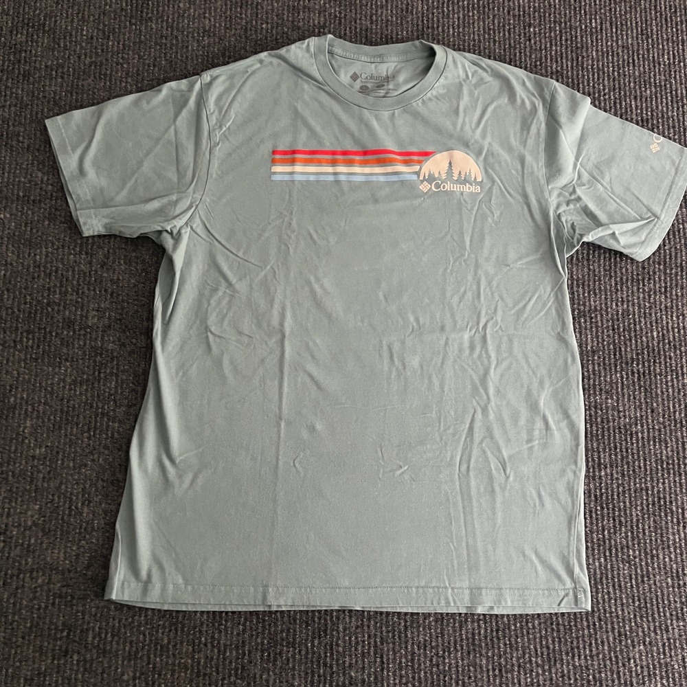 Columbia Sportswear Men's Large Sage Green Retro‎ Stripe Sunset Graphic T-Shirt - Picture 2 of 9